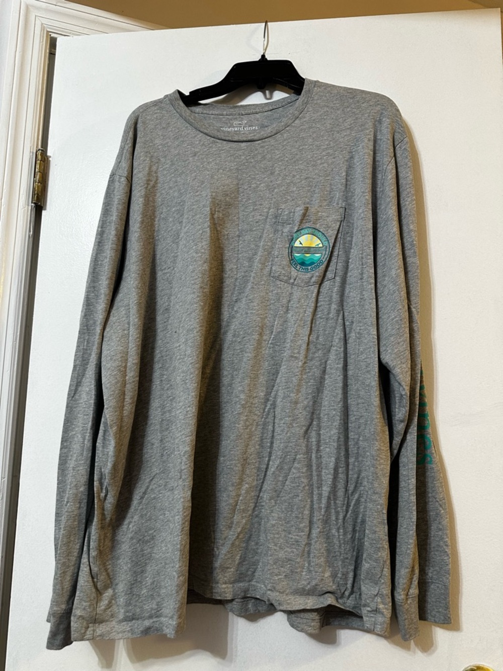 Vineyard Vines Gray Long-Sleeve Pocket Tee with Sunrise Patch